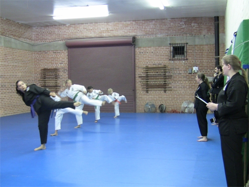 Students demonstrating their roundhouse kicks in front of judges