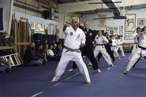 Master Rangel, Robert Fleming, Ann Moser and other students demonstrate punching in a horse-riding stance